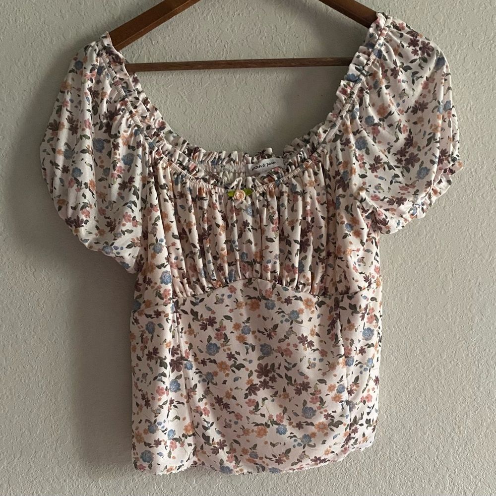 Dainty Floral Short Sleeve Cropped Peasant Blouse Top Size Large Cottagecore
